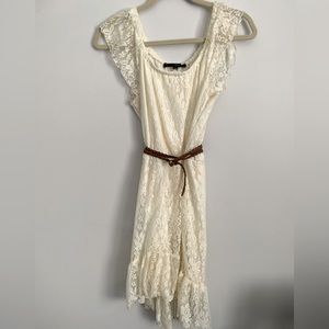 White Lace Dress with Brown Belt